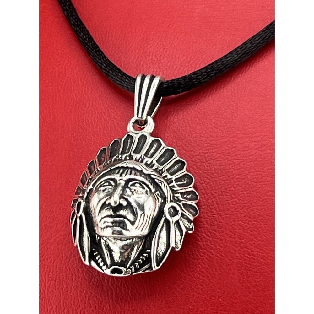 Indian Chief Sterling Silver 925 Pendant For Black Silk Cord